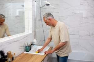 A senior man cleans his sink.