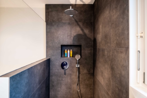 A walk-in shower.