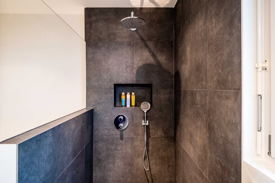 A walk-in shower.