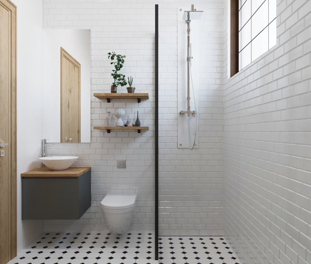 small bathroom with plants above the toilet and a walk-in shower next to it