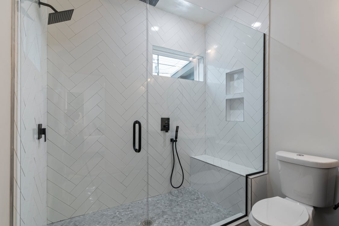 Walk-in shower with built-in bench designed for safety and comfort