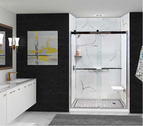 An image of a modern bathroom showing a shower stall, wash basins, and black accent walls.