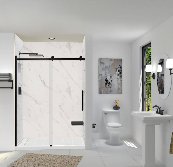 Modern bathroom with a sleek walk-in shower featuring marble walls, black hardware, and a minimalist design.