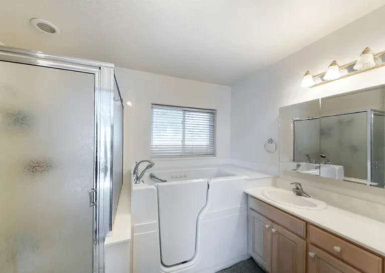 An old bathtub turned into a walk-in tub.