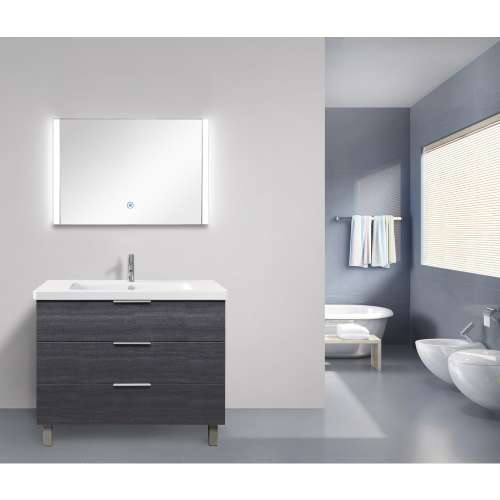 A modern bathroom with vanity, mirror, and bathtub