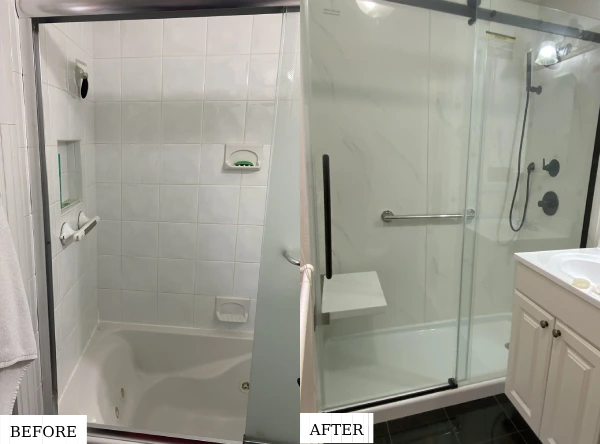 A walk-in bathtub with a seat.