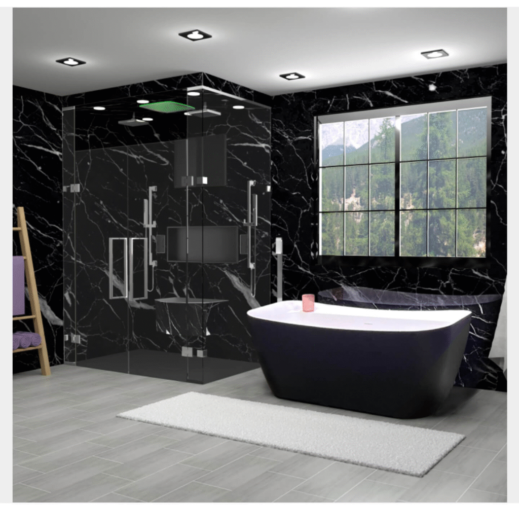 A modern bathroom with walk-in shower with frameless glass 