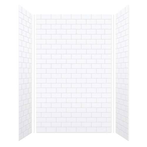 A white tile shower wall