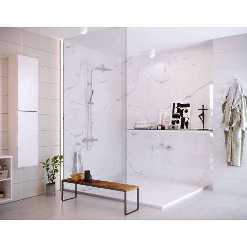 A white-themed bathroom with walk-in shower, bench, and a bathrobe on the wall