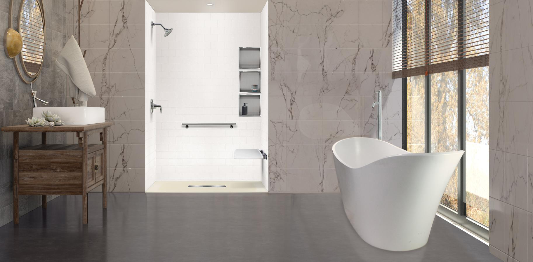 a luxurious bathroom with a bathtub and shower