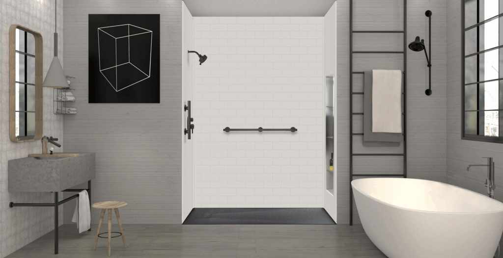 a minimal bathroom with a bathtub and a shower area