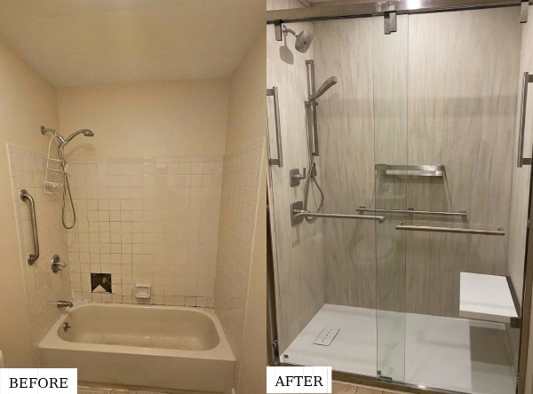  A before-and-after picture of tub-to-shower conversion by Bath Replacers.