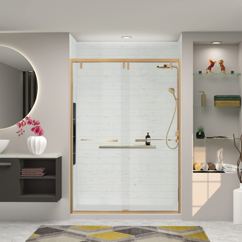 A shower with a glass door.
