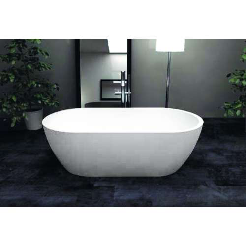 A white freestanding bathtub in a bathroom with a dark floor