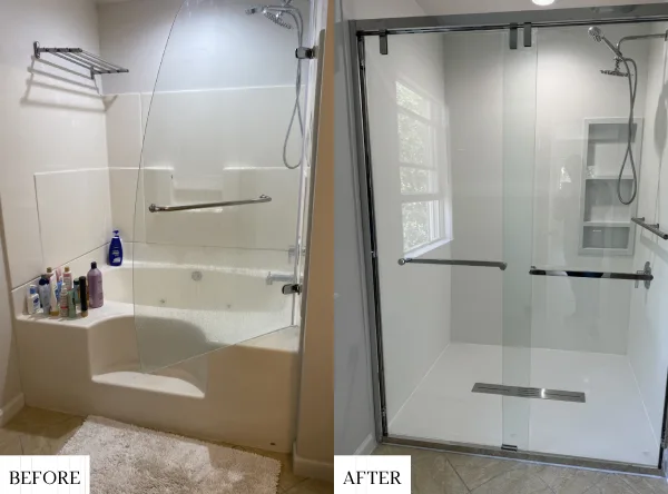 A before-and-after picture of tub-to-shower conversion by Bath Replacers.