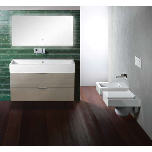 A bathroom with a wooden floor, and white toilet, a floating vanity, and a mirror.