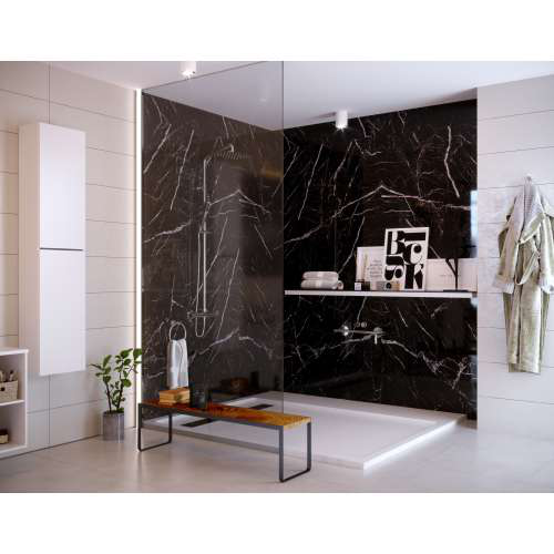 A bathroom with a black marble shower wall