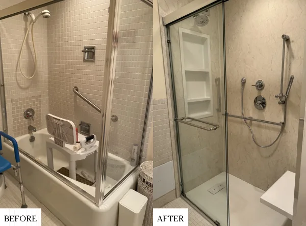 A before-and-after picture of tub-to-shower conversion by Bath Replacers.