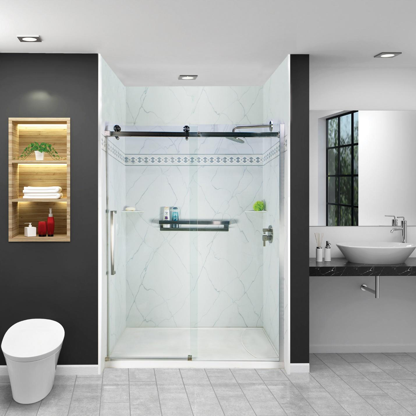 Modern bathroom with a walk-in shower, a toilet, and vanity.