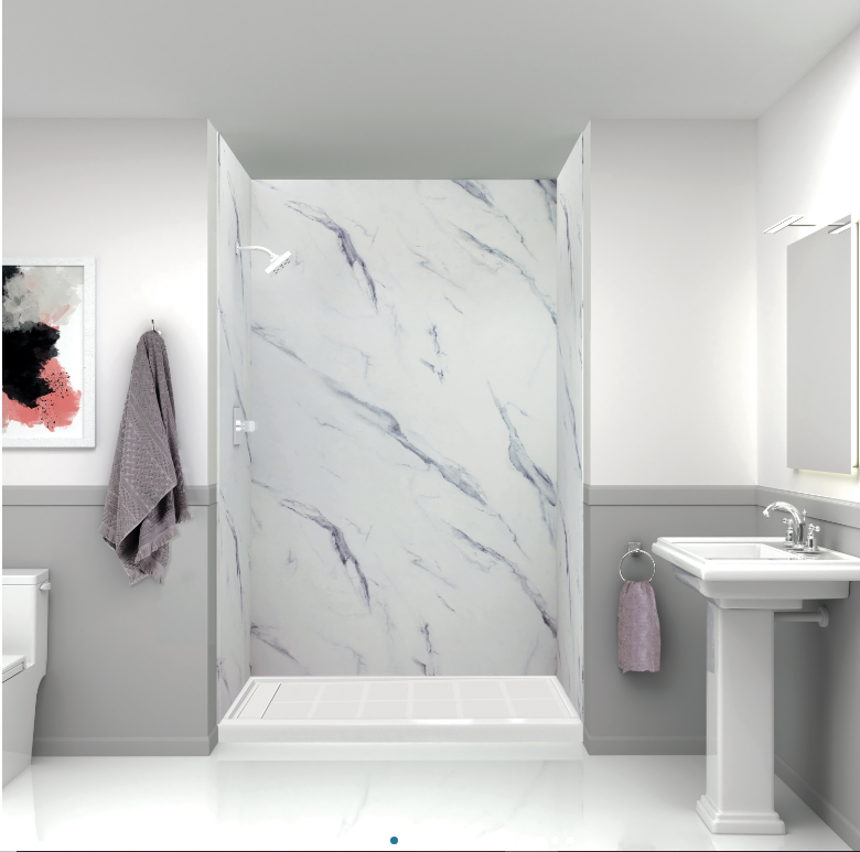 An image of a bathroom with white tiles and a tub to shower conversion
