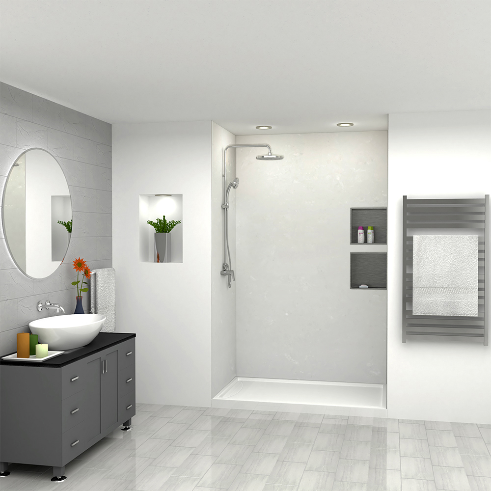 A barrier-free shower with frameless glass doors and slip-resistant flooring