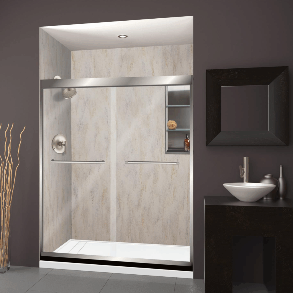 Modern bathroom with a walk-in shower, a vanity, and accent decoration.