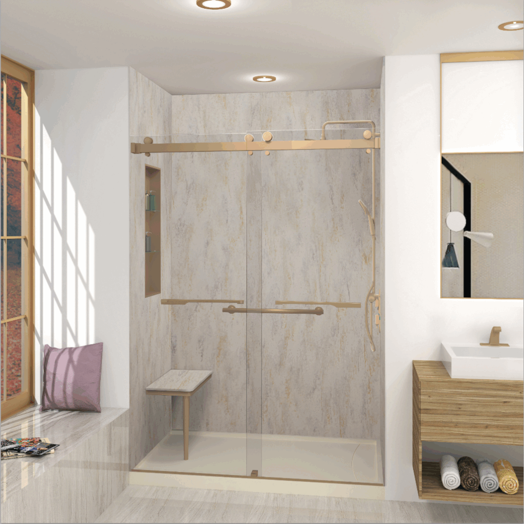 A modern family bathroom with a walk-in shower and glass enclosure