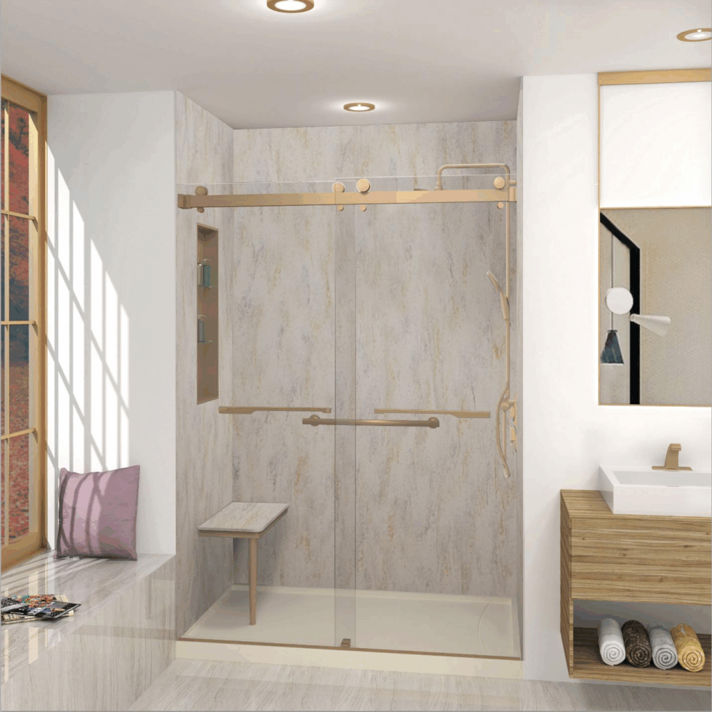 Modern bathroom with a marbled shower stall, seating space, and vanity.