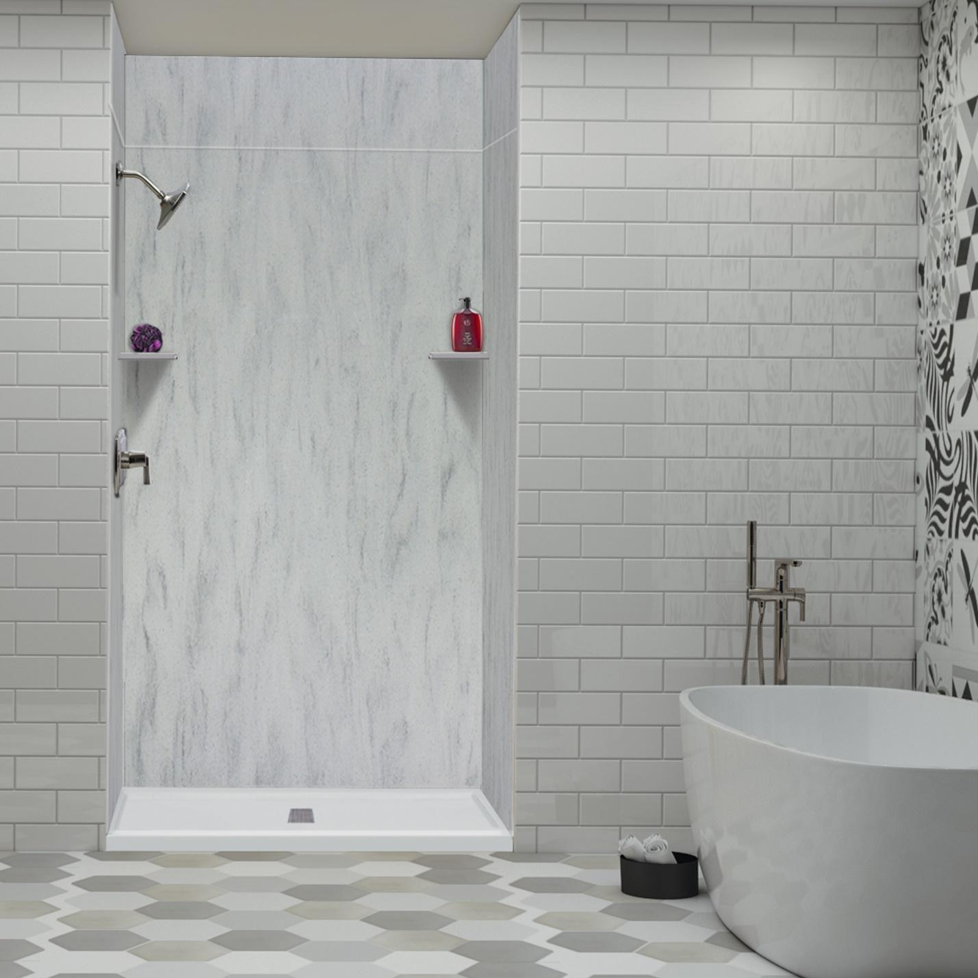 Modern bathroom with a sleek walk-in shower, a tub, and accent walls.