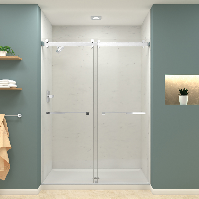 A sleek walk-in shower with glass doors and wall tile