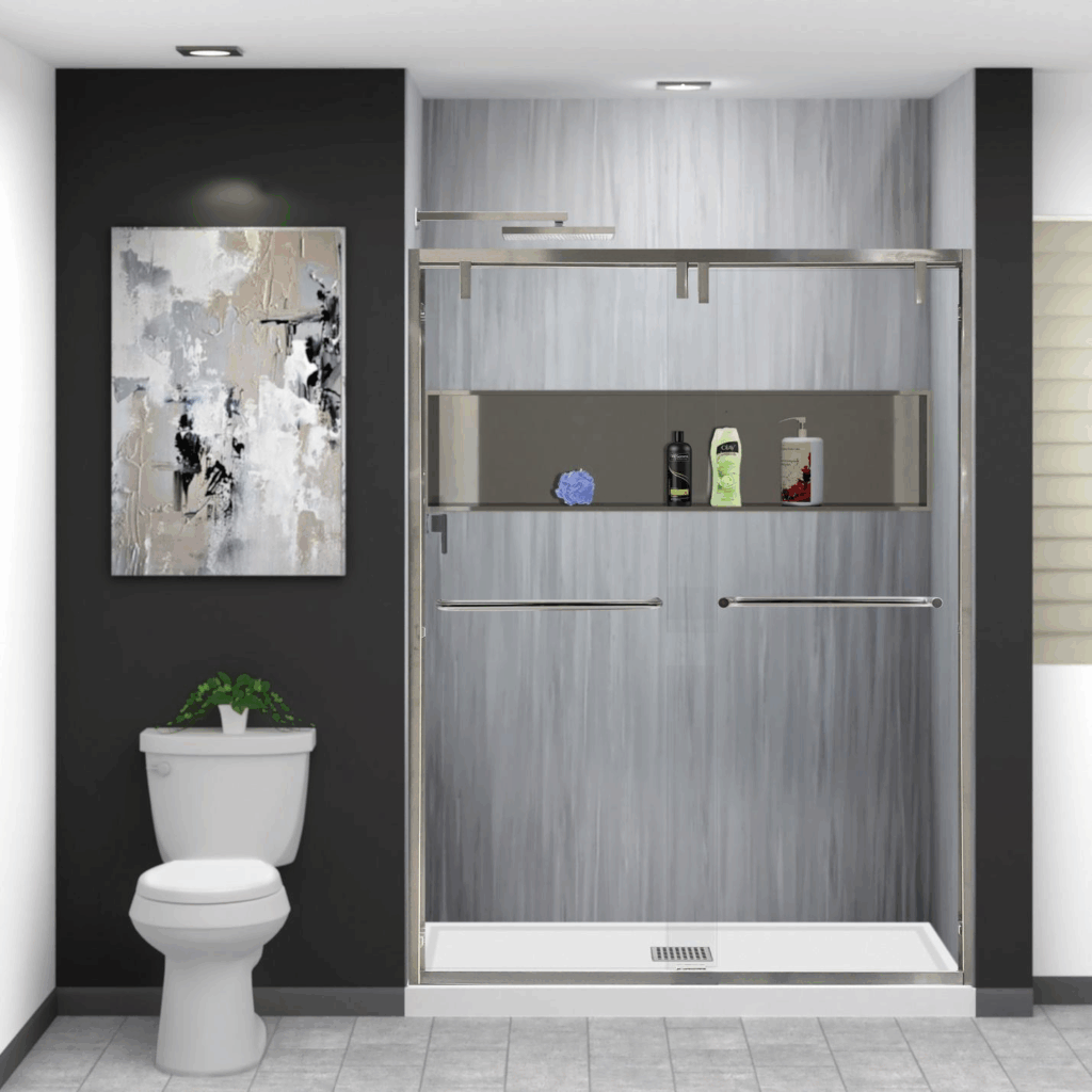 Modern bathroom with a sleek walk-in shower, a toilet, and minimalist design.