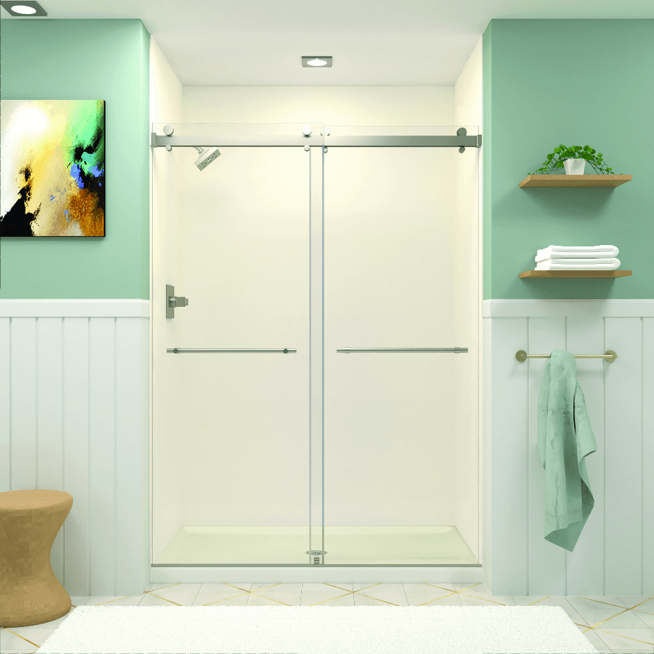 A bright bathroom with a contemporary glass-enclosed walk-in shower
