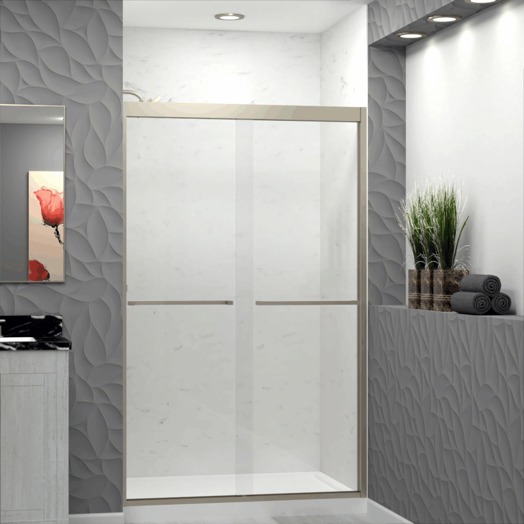 3D render of a bathroom with a shower stall, textured walls, recessed shelves, and silver fixtures.