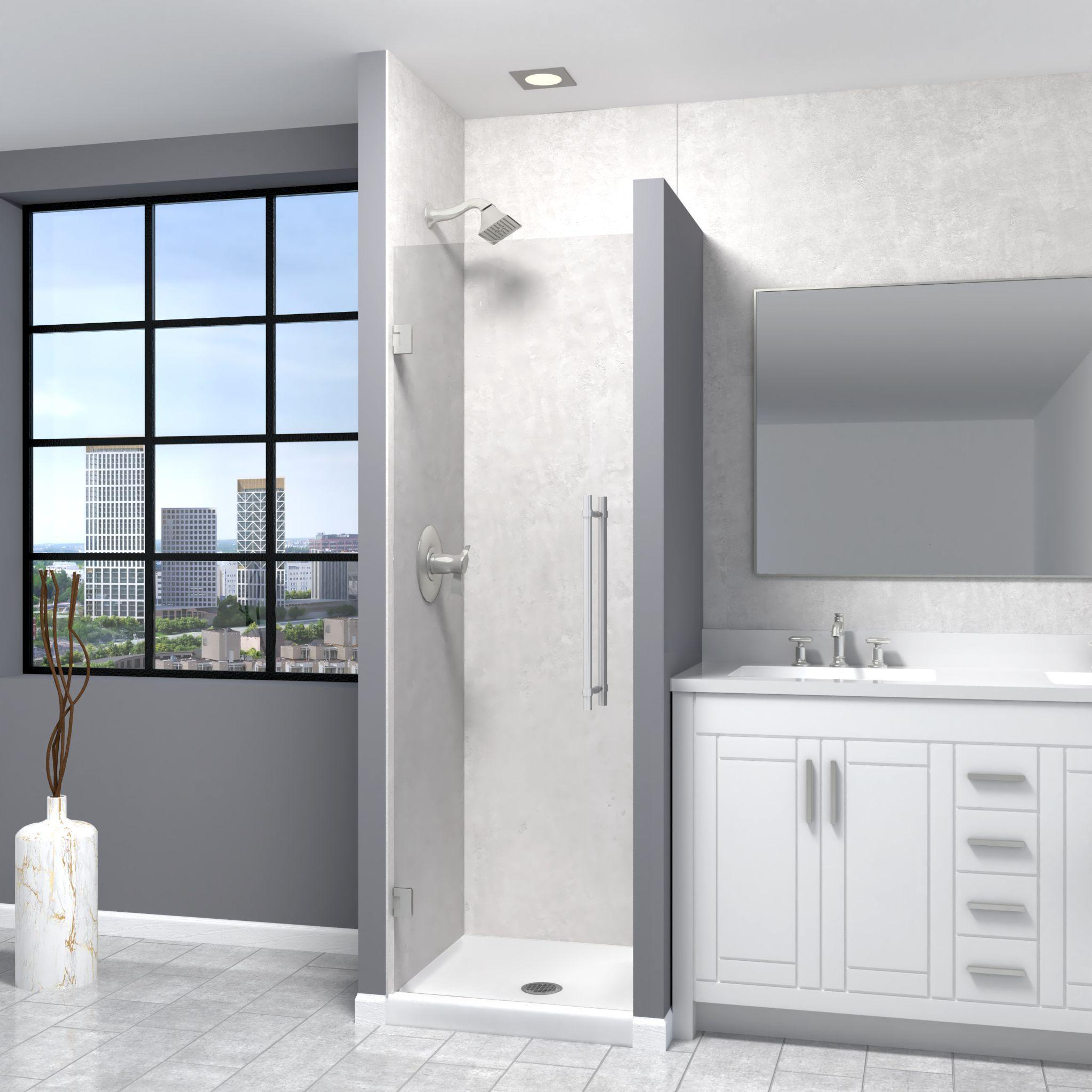 3D render of a bathroom with grey walls, a shower stall, a white vanity with a mirror, and a black-framed window.