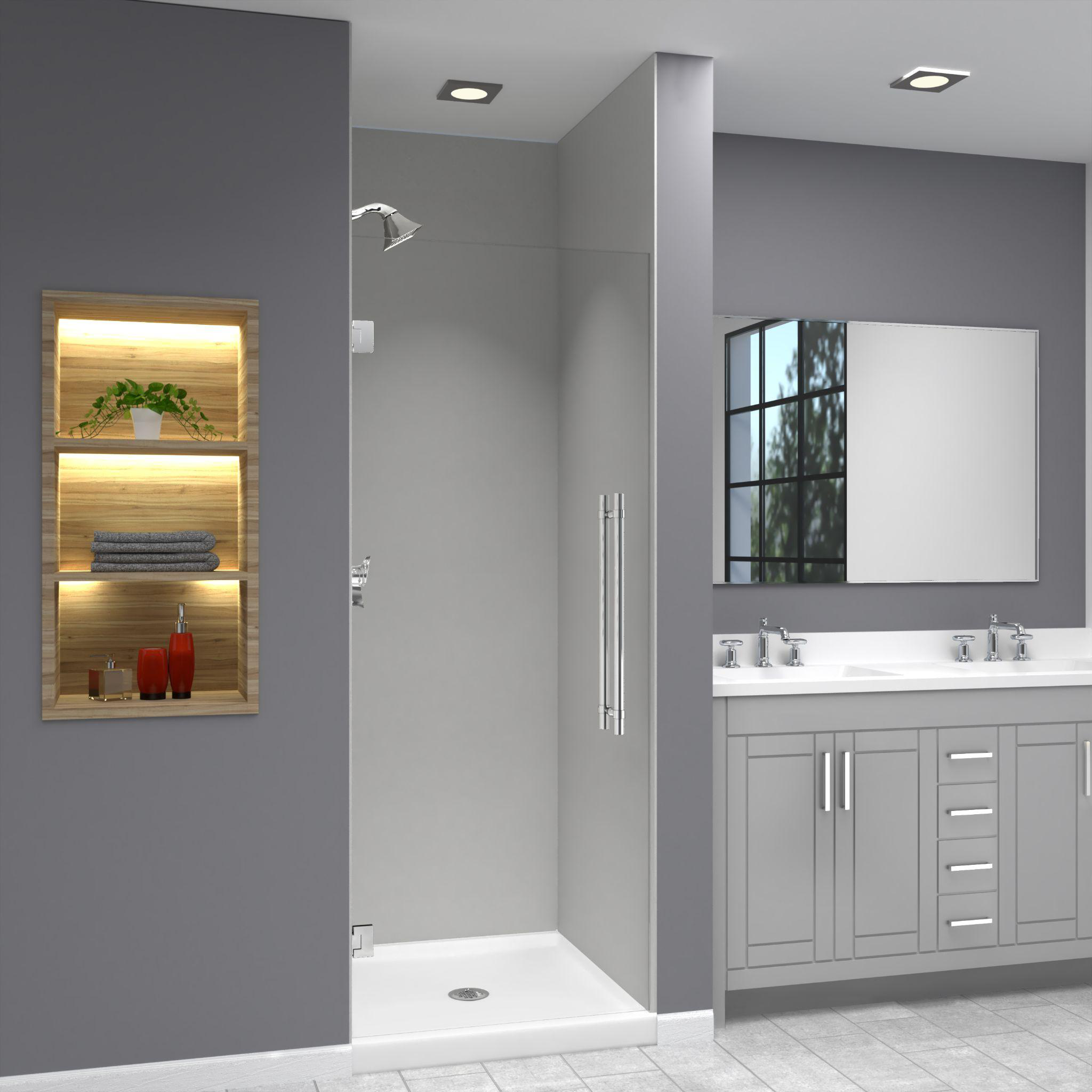 3D render of a bathroom with grey walls, a shower stall, a white vanity with a mirror, and a wood-textured shelf.