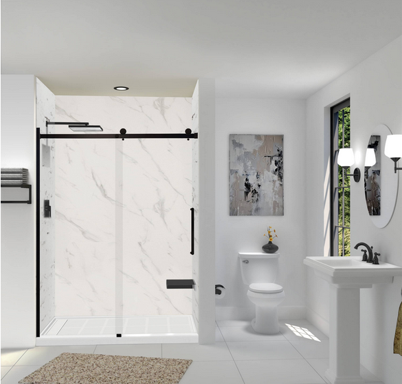 3D rendered image of a white and black themed bathroom with a shower stall, toilet, and silver fixtures.
