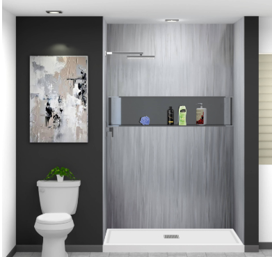 3D rendered image of a white and black themed bathroom with a shower stall, toilet, and silver fixtures.