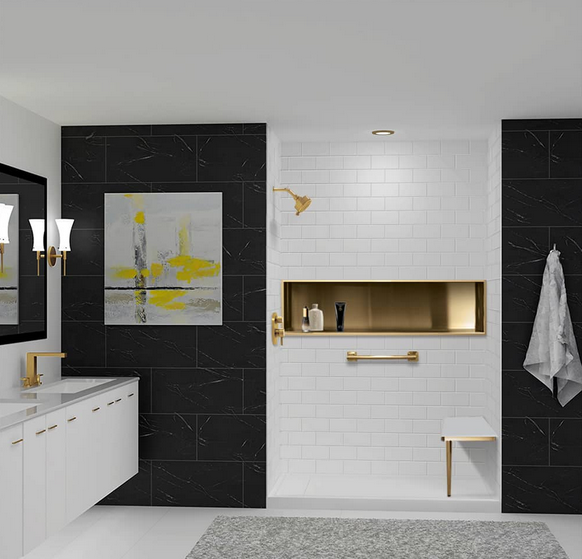 3D rendered image of a white and black themed bathroom with a shower stall with a bench and gold fixtures.