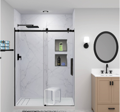 3D rendered image of a white themed bathroom with a shower stall, a small stool, and black fixtures.