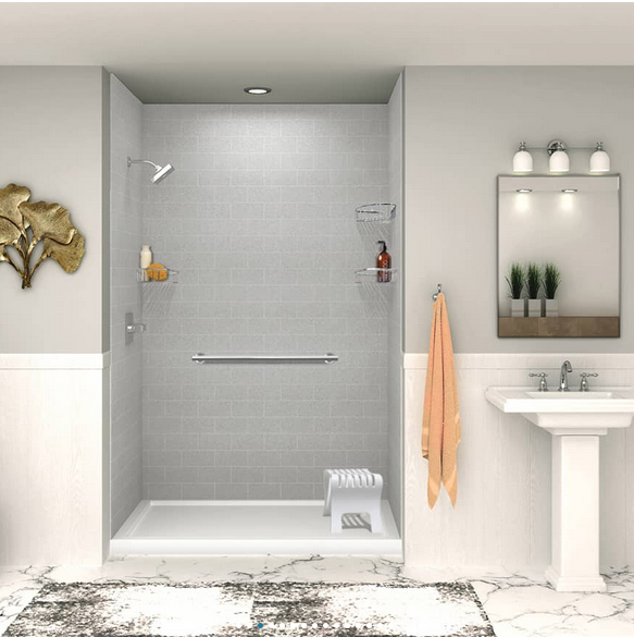 3D rendered image of a white themed shower stall with a small stool.