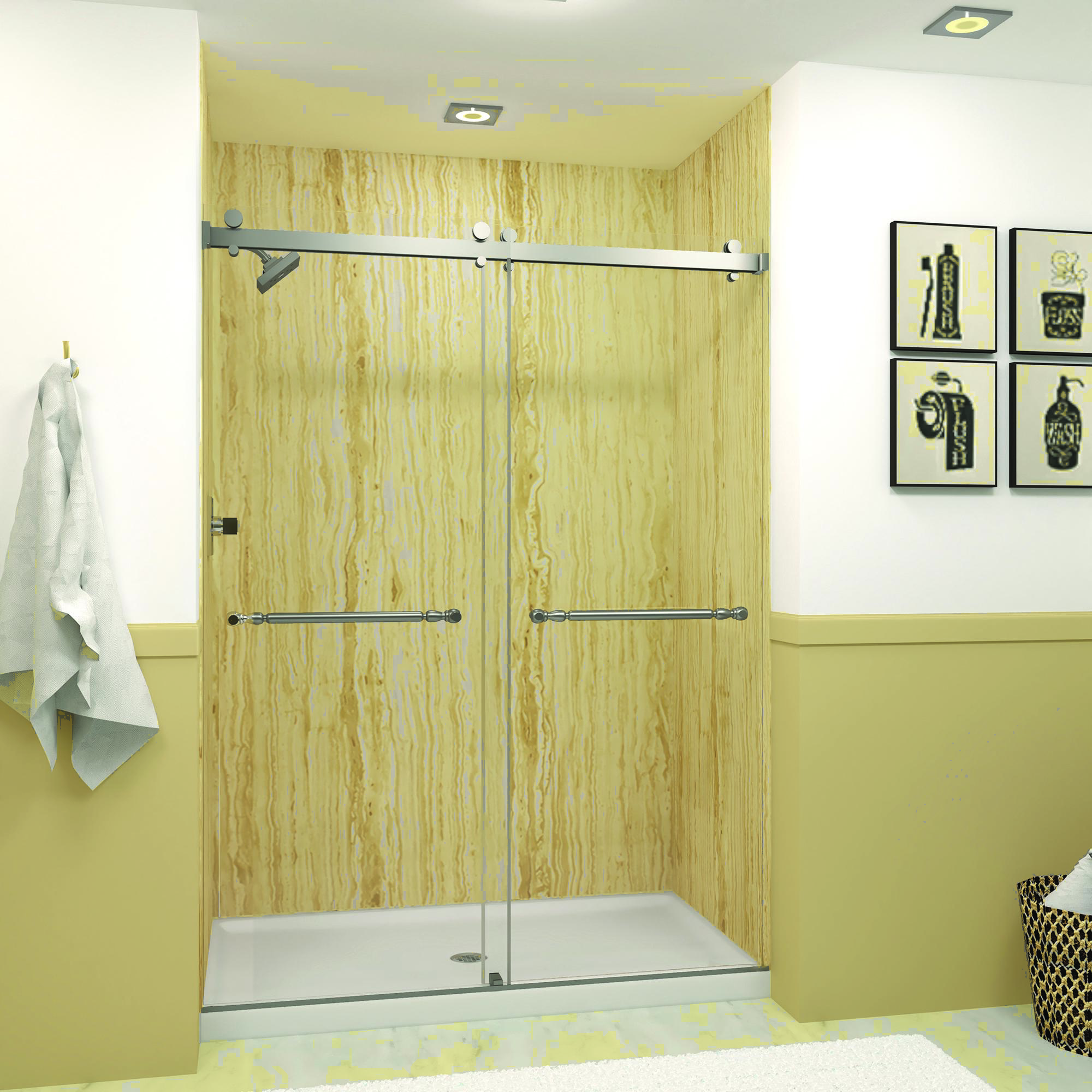 3D rendering of a bathroom with beige walls, a shower stall with wood paneling, and a glass door.