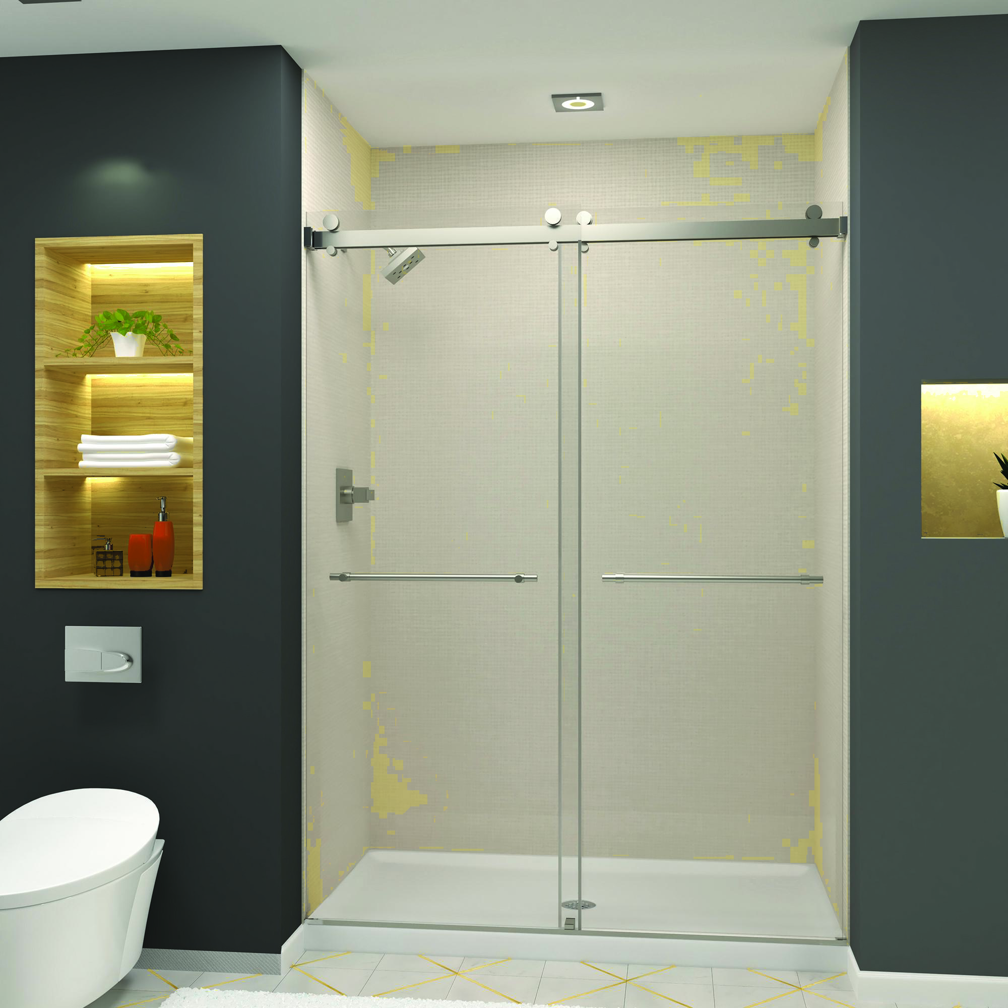 3D rendering of a bathroom with dark walls, a shower stall with silver fixtures, and a toilet.