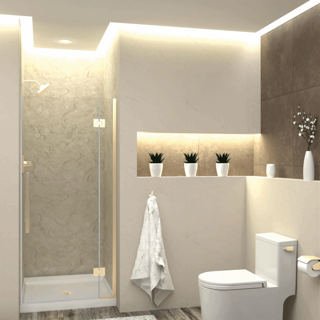 A beige-themed bathroom with a marble-walled shower stall, a toilet, and recessed shelves.