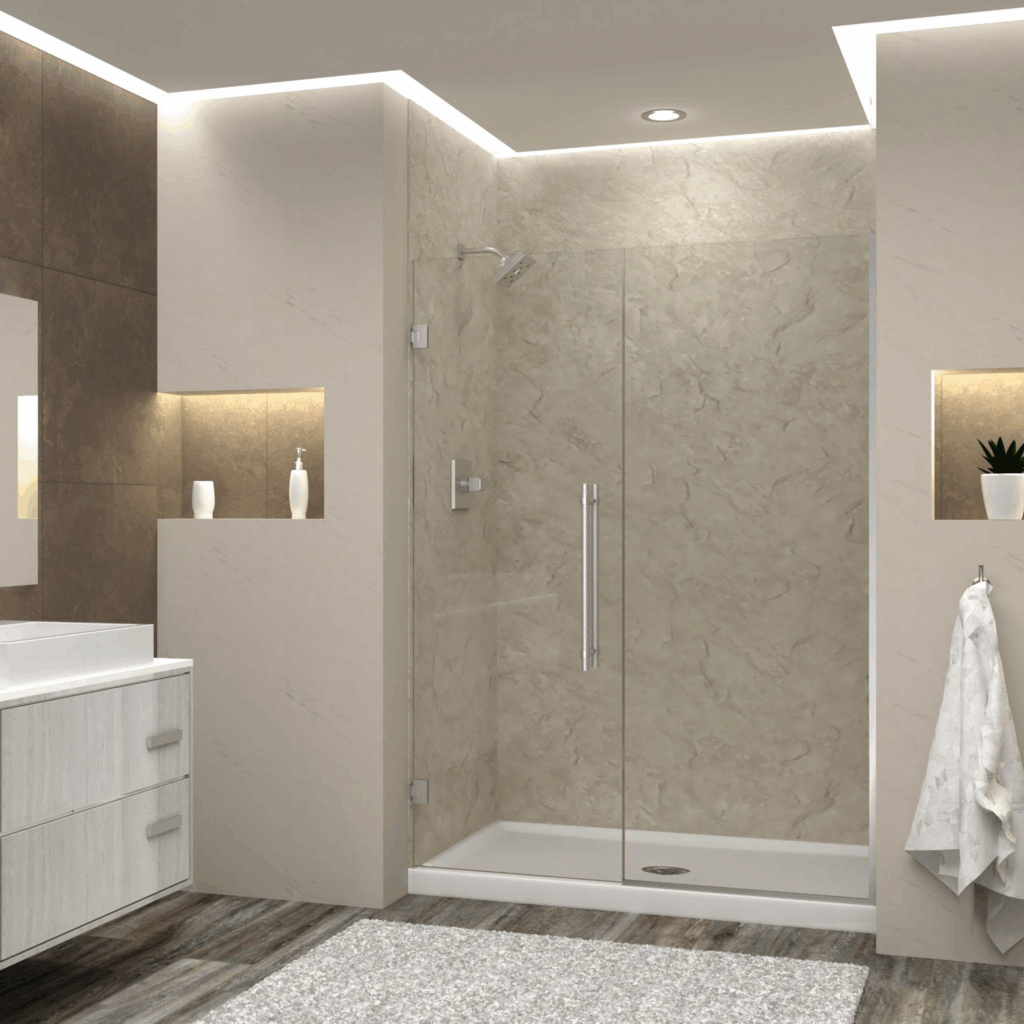 A beige-themed bathroom with a marble-walled shower stall and silver fixtures.