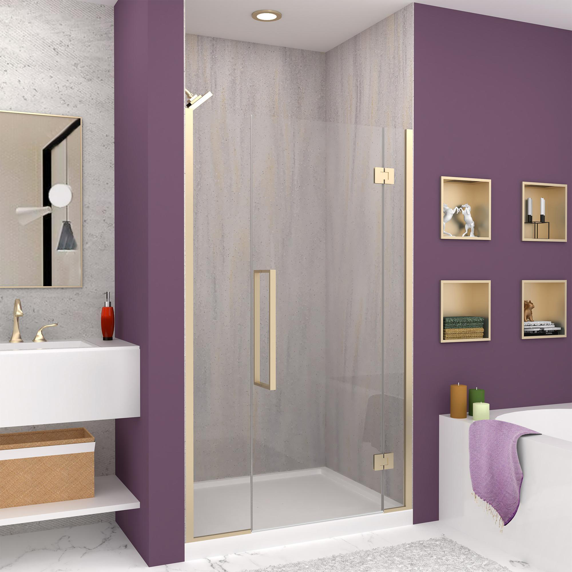 A purple-walled bathroom with a marble shower stall, a vanity and bathtub, and golden fixtures.