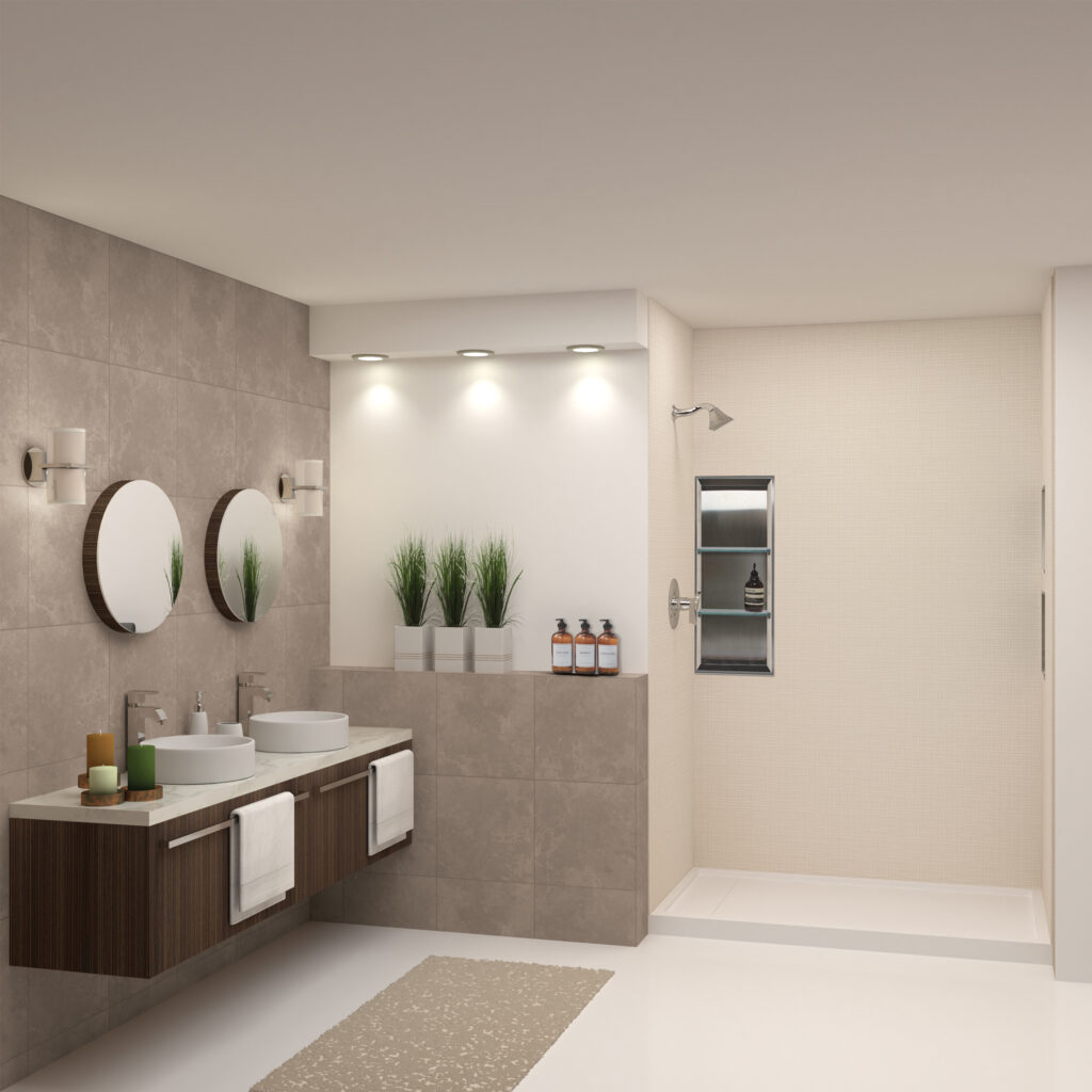 An image of a minimalist white bathroom with a brown counter