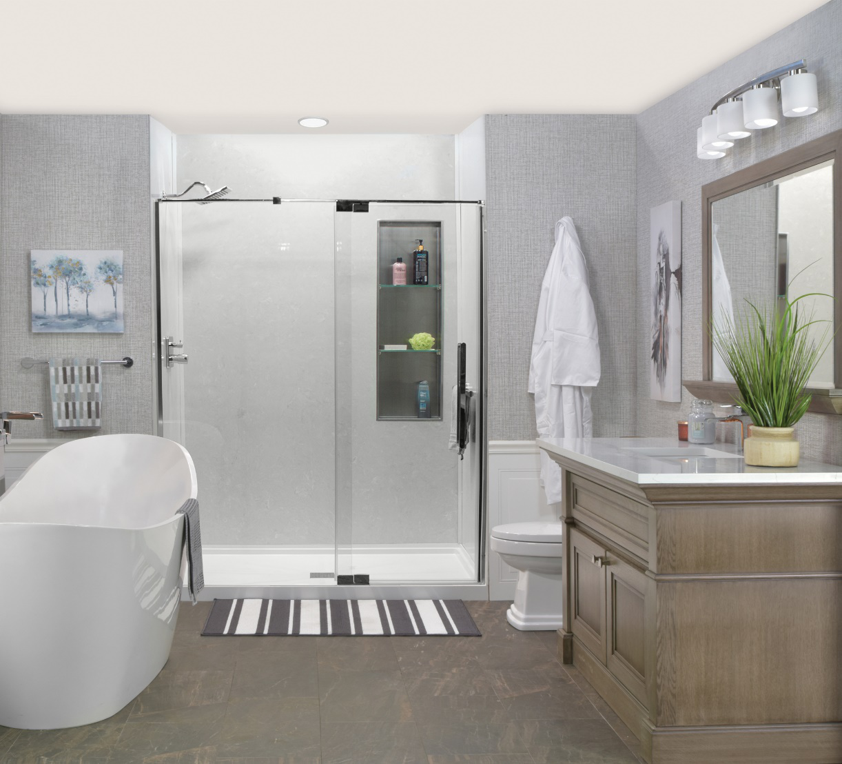 3D render of a bathroom with a bathtub, shower stall, brown vanity with a mirror over it, and decorations like potted plants and paintings.