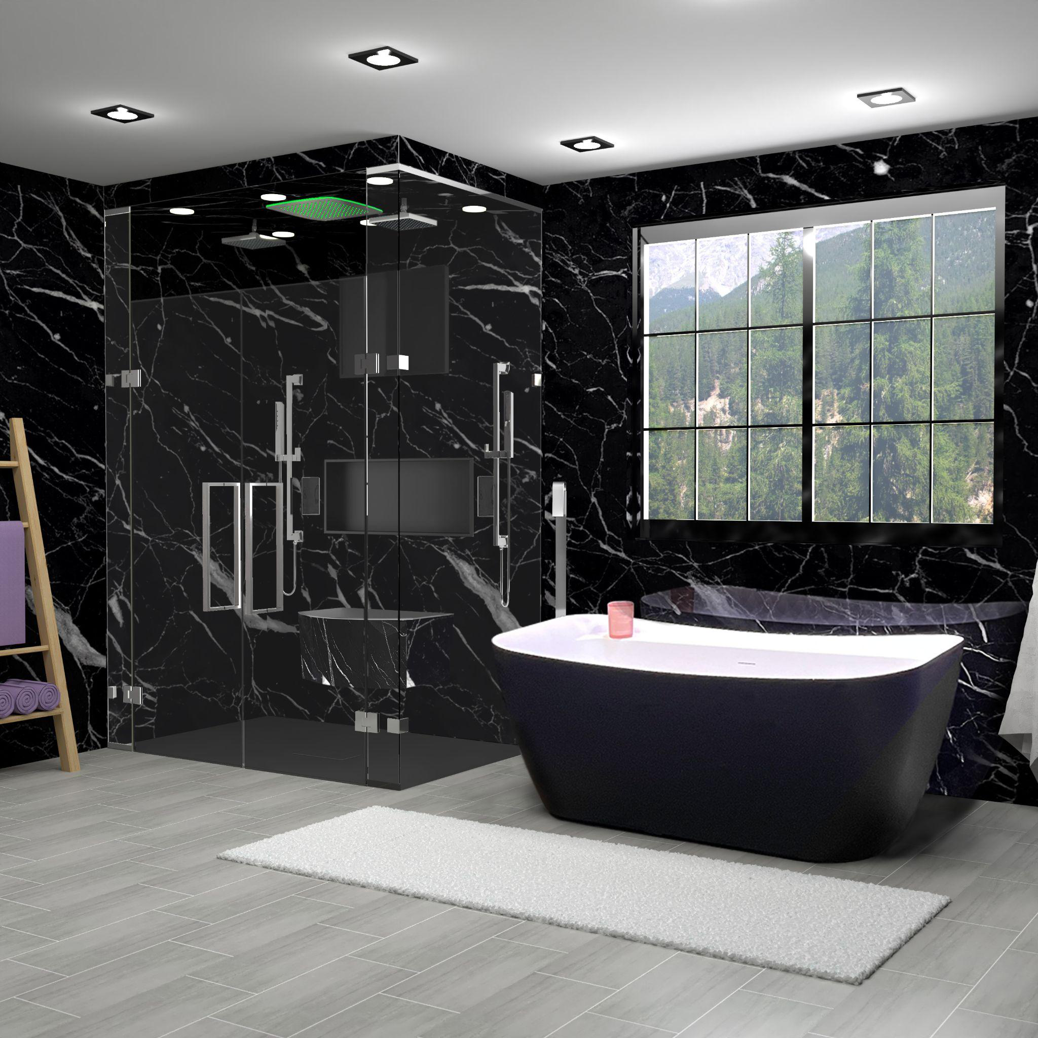 3D render of a black-themed bathroom with a bathtub, shower stall, marbled black walls, and a window.