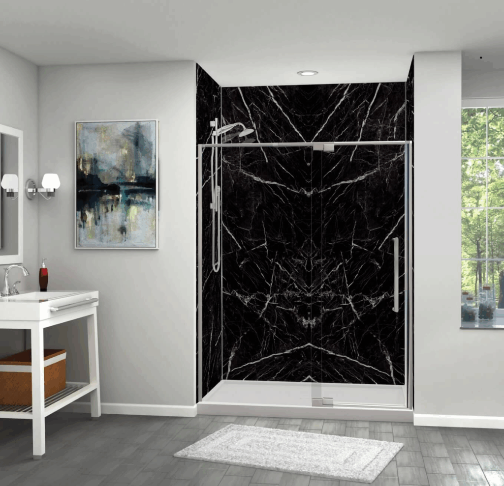 A bathroom with a modern shower