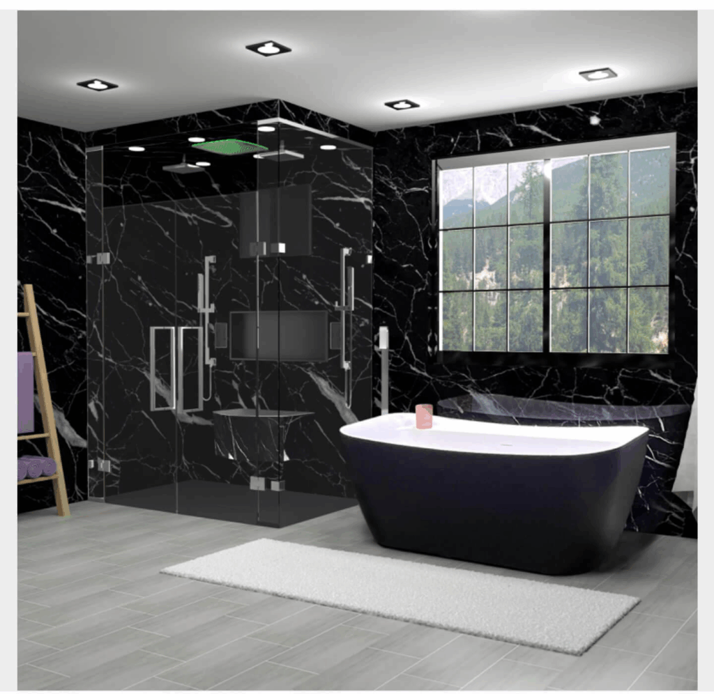 A bathroom with a walk-in shower